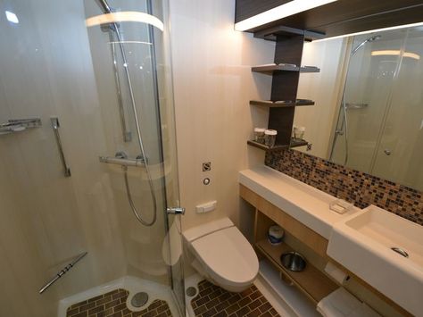 Bathrooms in the typical Quantum of the Seas balcony cabin feature a sink area, toilet and shower but no bathtub. Caribbean Bathroom, Cruise Bathroom, Cruise Ship Bathroom, Quantum Of The Seas, Royal Carribean Cruise, Royal Cruise, Royal Caribbean Cruise Lines, Anthem Of The Seas, Tropical Bathroom