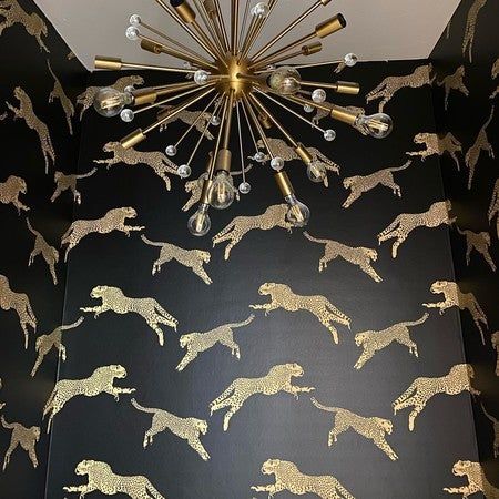 Leaping Leopards from the house Scalamandre scalamandre #leapingleopards #powderroom #homerenovationideas #wallpaper #okcwallpaper Townhouse Foyer, Bathroom Wall Coverings, Animal Print Rooms, Contemporary Restaurant, Cheetah Wallpaper, Dream House Aesthetic, Mural Stencil, Eclectic Bathroom, Animal Print Wallpaper