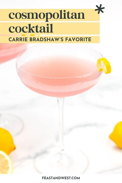 This pink drink is made rosy with a splash of cranberry juice, giving it a pretty color and a wonderful, tart, berry flavor. This classic was invented in 1989 but we all know “the Cosmo” was popular because it was Carrie Bradshaw’s drink of choice for a night on the town in the late ’90s and early ’00s. https://feastandwest.com/2024/05/31/classic-cosmopolitan/ Pink Drinks With Vodka, Cosmopolitan Drink Recipe, Cranberry Cocktail Recipe, Cosmopolitan Drink, Cosmopolitan Recipe, Cosmo Recipe, Frozen Drinks Alcohol, Vodka Cocktails Easy, Frozen Drink Recipes