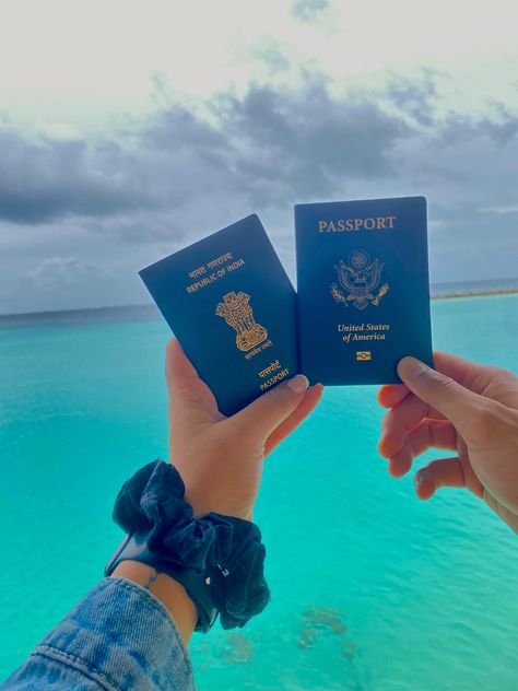 #travel #travelgoals #couple #passportcover #passports #usa #india #maldives #vacation #travelcouple #beach #sea #ocean #island Passport Asthetics Photos, Couple Passport Picture, Indian Passport Aesthetic, Maldives Couple, Couple Passport, Couple Travel Photos, Catching Flights, Maldives Vacation, Canadian Passport