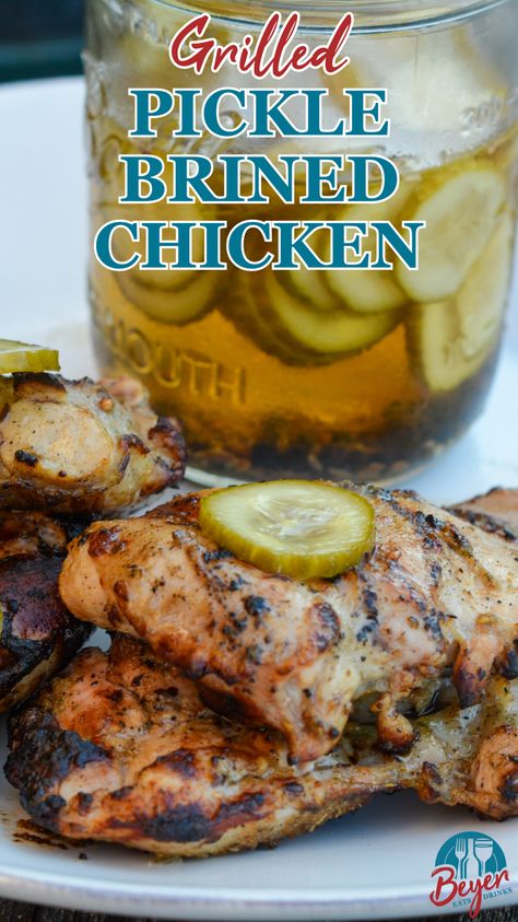 Pickle brined grilled chicken is made by marinating boneless, skinless chicken thighs in pickle juice, pickles, onions, garlic, peppercorns, and olive oil resulting in the juiciest grilled chicken. Chicken Marinated In Pickle Juice, Chicken In Pickle Juice Recipe, Pickle Marinated Chicken, Pickle Juice Brined Chicken, Chicken Thigh Grill Recipes, Pickle Juice Chicken, Pickle Brine Chicken, Pickle Brined Chicken, Pickle Juice Recipe