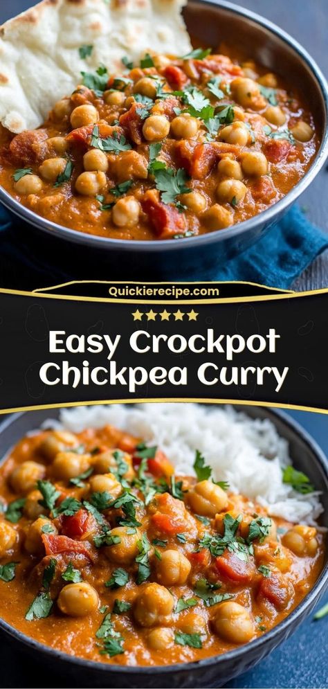 This crockpot chickpea curry is the best set-and-forget meal. Rich, flavorful, and packed with protein, it’s perfect for weeknights! Ingredients: 2 cans chickpeas 1 can diced tomatoes 1 tbsp curry paste 1 cup coconut milk Chickpea Curry Coconut Milk, Crock Pot Curry, Easy Chickpea Curry, Coconut Curry Recipes, Chickpea Curry Recipe, Can Diced Tomatoes, Chickpea Coconut Curry, Tomato Curry, Coconut Milk Curry