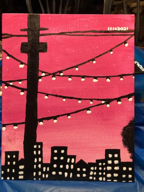 Black Art Painting Abstract, Cute Easy Paintings, Retro Painting, Skyline Painting, Small Canvas Paintings, Cute Canvas Paintings, Sunset City, Easy Canvas Art, Black Art Painting