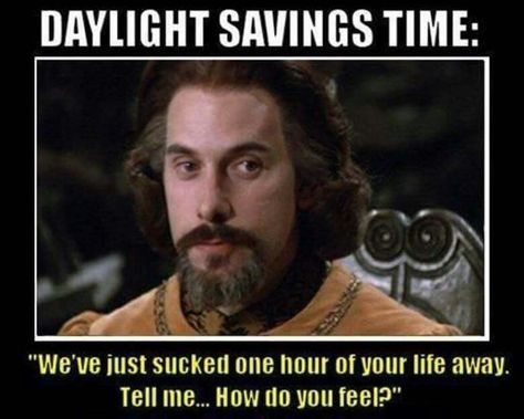 Daylight savings time Princess Bride funny joke meme Daylight Savings Meme, Princess Bride Funny, Daylight Savings Time Humor, Princess Bride Quotes, Time Change, The Princess Bride, Demotivational Posters, Daylight Savings, Daylight Savings Time