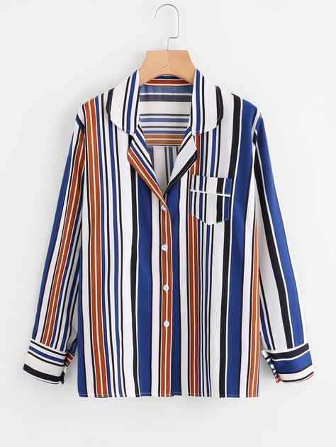 Revere Collar Barcode Striped Shirt -SheIn(Sheinside) Stripes Outfit, Revere Collar, Women Blouses, Striped Shirt, Shirt Online, Blouses For Women, Outfit Ideas, Blouses, Stripes