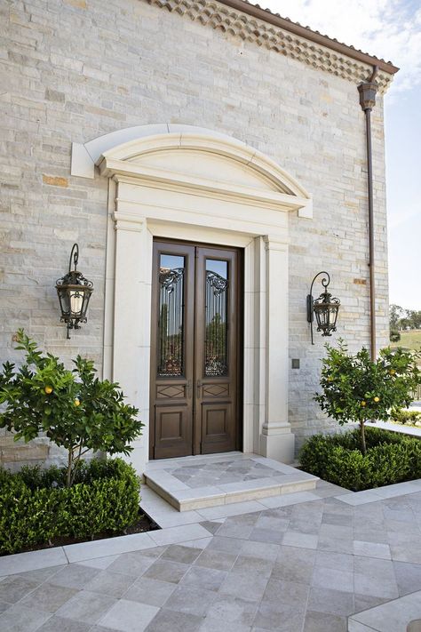 Big Front Door, Boutique Exterior, Portico Entry, Classic Entrance, Art Deco Exterior, Limestone House, Boundary Wall, Front Facade, Balcony Railing Design