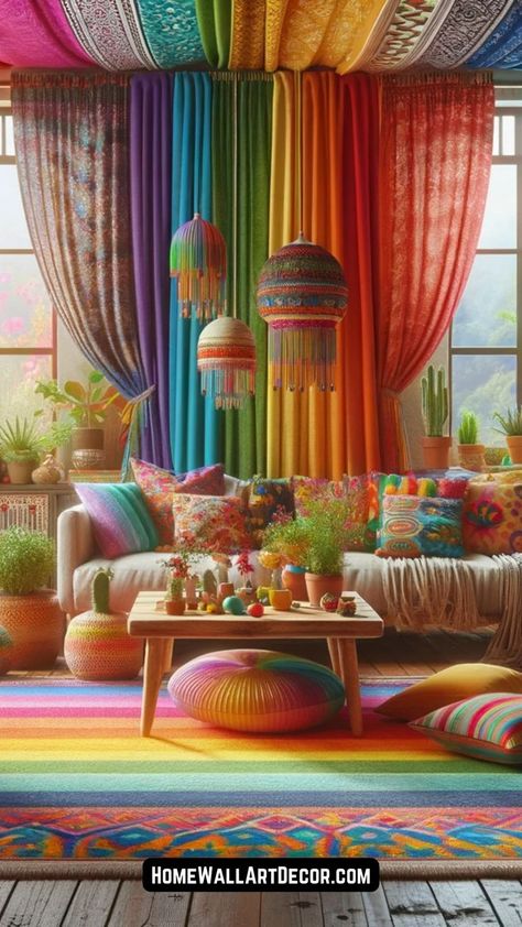 Get inspired to unleash your creativity with these art and craft ideas and tutorials! Tap to see more crafting inspiration. Rainbow Flooring, Rainbow Room Aesthetic, Dark Green Exterior House Colors, Bohemian Bedroom Decor Moroccan Style, Rainbow Living Room, Maximalist Color Palette, Rainbow Interior Design, Rainbow Interior, Green Exterior House Colors