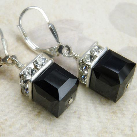 Beads Jewelry Ideas, Modern Wedding Jewelry, Fall Wedding Jewelry, Black Cube, Cube Earrings, Onyx Crystal, Cube Beads, Rhinestone Crown, Pink Swarovski