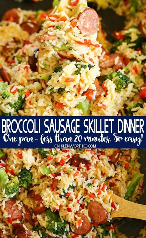 Sausage Skillet Dinner, Pan Dinner Recipes, Broccoli Sausage, One Pan Dinner Recipes, Sausage Skillet, Sausage Recipes For Dinner, Smoked Sausage Recipes, Sausage Dinner, Cheesy Broccoli