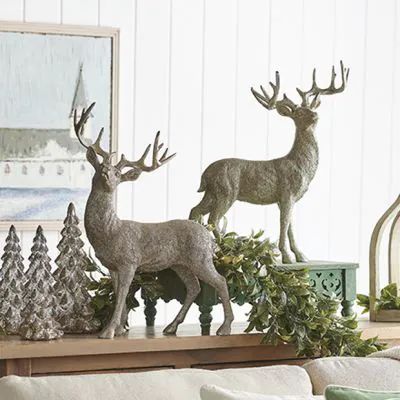 RUSTIC CHRISTMAS | Shop Sales Events Antique Farmhouse Christmas Decor With Deer, Deer Figurines, Flocked Trees, Decor 2023, Winter Decorating, Woodland Deer, Ornament Garland, Deer Decor, Reindeer Decorations