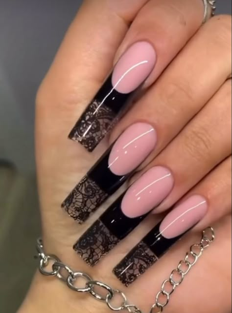 Lace Nails Black, Lace Acrylic Nails, Black Lace Nails Designs, Lace Design Nails, Red Lace Nails, Black Lace Nails, Nails Lace, Nails Shorts, Lace Nail Design