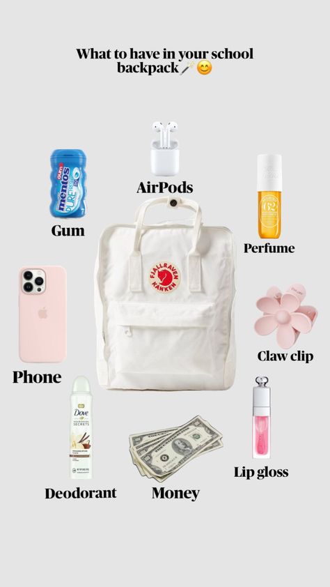 What to have in your school bag😊 #school #schoolbag #backtoschool Fresh Perfume, Bag School, School Bag, Fjallraven Kanken, School Backpacks, Deodorant, Lip Gloss, Gum, Back To School