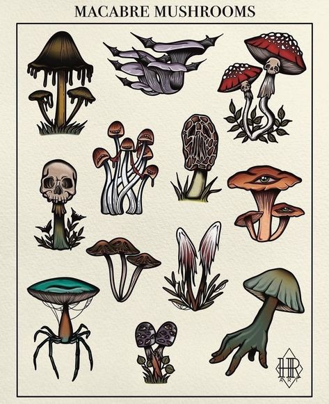 Mushroom Design Tattoo, Masculine Mushroom Tattoo, Small Red Mushroom Tattoo, Mushroom Ideas Drawing, Halloween Mushrooms Art, Traditional Mushroom Tattoo Flash, Mushroom Art Tattoo, Mushroom Art Craft, Drippy Mushroom Tattoo