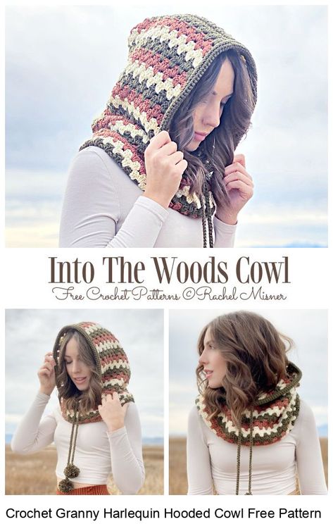 Crochet Granny Harlequin Hooded Cowl Free Pattern: Harlequin Hoodie Cowl , Granny stitch cowl hoodie Crochet Hooded Scarf, Crochet Hood, Crochet Cowl Pattern, Crochet Winter, Haken Baby, Clothes Aesthetic, Crochet Clothes Patterns, Clothes Summer, Crochet Cowl