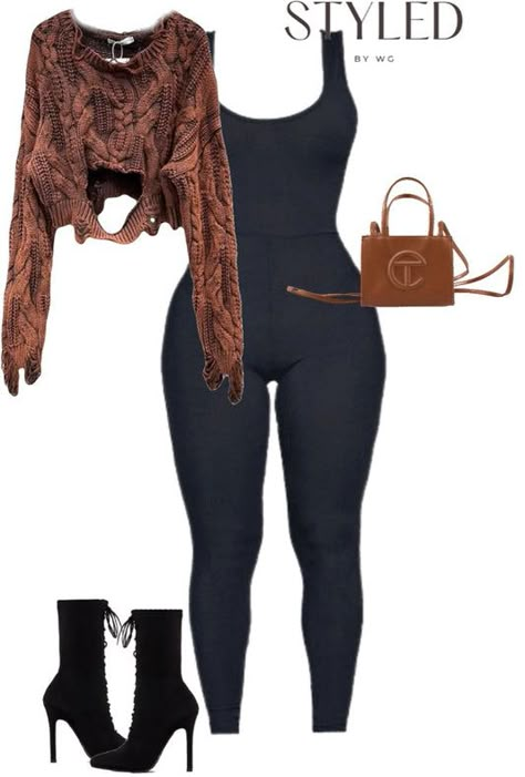 Brown One Piece Outfit, Fall Curvy Outfits, Sweater Outfits Black Women, Brown Jumpsuit Outfit, Rainy Day Outfit Black Women, Chicago Fits, Black And Brown Outfit, Shein Fall Outfits, Polyvore Outfits Fall