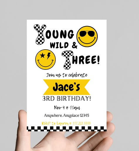 Young, wild, and THREE boy 3rd birthday party invitation, black and white, smiley face, sunglasses, edit and printable, digital Five Is A Vibe Invitation, 5th Boys Birthday Party Ideas, 5th Birthday Party Themes Boys, Boys 5th Birthday Party Ideas Themes, Five Birthday Party Ideas Boy, Fifth Birthday Theme Boy, Boys 5th Birthday Theme, Five Year Old Birthday Theme Boy, 5th Birthday Themes Boy