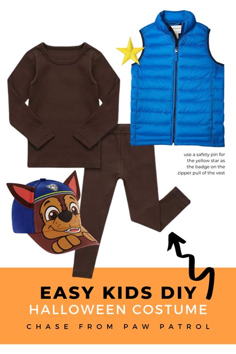 Here is a quick and easy DIY Halloween costume for any Paw Patrol lover! Brown pajamas with a blue puffy vest for Chase. Add a hat and a badge and you're good to go. All items are from Amazon! . . . . paw patrol, halloween costume, diy, amazon, sensory friendly, chase is on the case, adventure bay, easy halloween costume, toddler costume Chase Halloween Costume Paw Patrol Diy, Paw Patrol Costumes Diy, Homemade Chase Paw Patrol Costume, Diy Ryder Costume Paw Patrol, Adult Paw Patrol Costume Diy, Homemade Family Halloween Costumes, Diy Chase Paw Patrol Costume, Paw Patrol Family Halloween Costumes, Chase Costume Paw Patrol