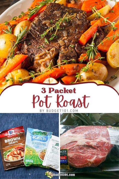 3 Packet Pot Roast 3 Packet Pot Roast: Mix ranch, gravy, and Italian seasoning with beef broth for an easy, succulent roast in Crockpot, Instant Pot, or oven. #Budget101 Pot Roast Ranch, 3 Packet Pot Roast, Ranch Gravy, Packet Pot Roast, Roast In Crockpot, Pot Roast Crockpot, Roast Beef Crock Pot Recipes, Roast Crock Pot Recipes, Roast Crockpot