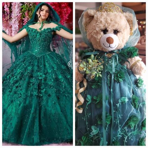 Emerald And Gold Bouquet, Quinceanera Bear, Emerald Green Quinceanera Theme, Emerald Green Quinceanera, Green Quinceanera Theme, Green Quinceanera, Mexican Quinceanera, Mexican Quinceanera Dresses, Quinceanera Themes Dresses