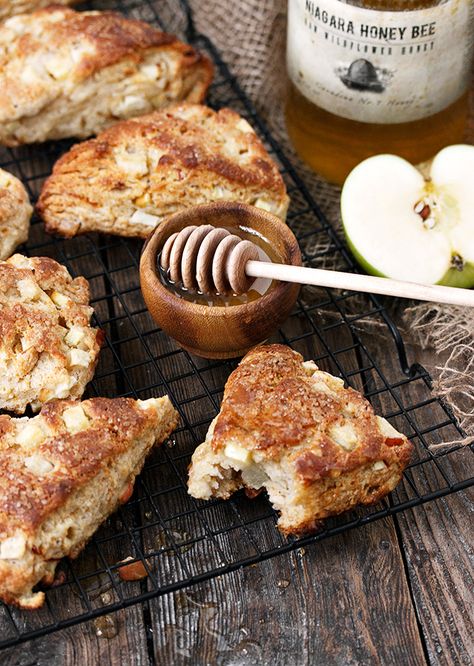 Honey Apple Buttermilk Scones - filled with apples and sweetened only with honey. Honey Scones, Buttermilk Scone Recipe, Buttermilk Scones, Apple Scones, Cows Milk, Scone Recipes, Honey Cinnamon, Buttermilk Recipes, Easiest Apples