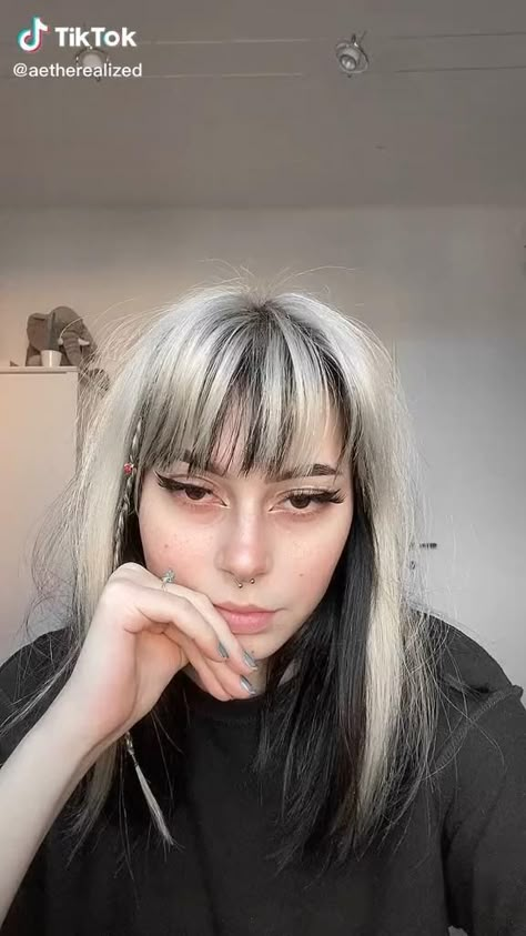 Blonde With Black Bangs, Bangs With White Streak, Balayage On Bangs, White On Top Black On Bottom Hair, Blonde On Top Black Underneath Short Hair, Blonde And Black Hair Bangs, Platinum With Black Underneath, Black Bangs Blonde Hair, Blonde Hair Black Bangs