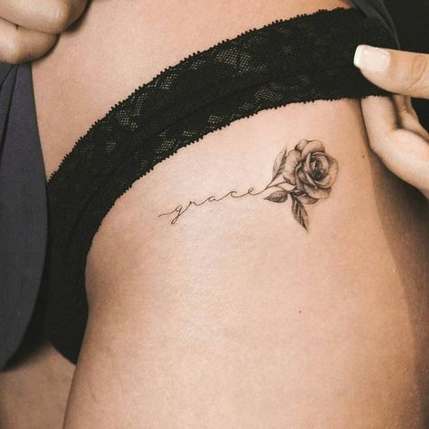 Rose Tattoos Ribs, Hip Tattoo Rose, Panty Line Tattoos For Women, Rose With Initials Tattoo, Small Rose Hip Tattoo, Small Flower Tattoos For Women, Small Thigh Tattoos, Rose Tattoo On Hip, Side Hip Tattoos