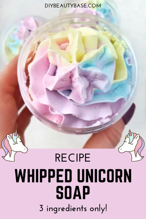 Unicorn Body Scrub, Homemade Whipped Soap Recipes, Unicorn Body Butter Diy, Whipped Soap Diy How To Make, Rainbow Body Butter, Whipped Body Soap Recipe, Easy Soap Recipes 3 Ingredients, Diy Whipped Soap Recipe, Diy Crafts To Make And Sell