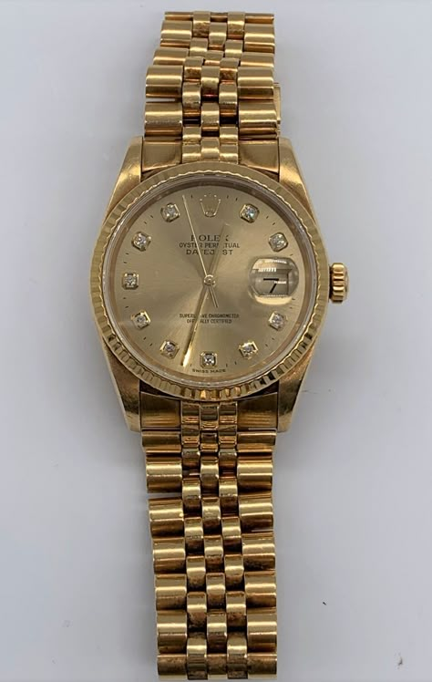 ROLEX; a gentleman's 18ct gold Datejust wristwatch with diamond hour markers Rolex Gold Watch, Golden Wrist Watch, Gold Rolex Women, Watch G Shock, Luxury Watches Women, Gucci Watch Women, Gold Wrist Watch, Watches Women Simple, Golden Watch