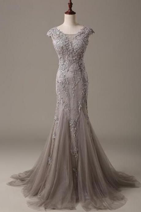 Grey Evening Dress, Vintage Evening Dresses, Lace Dress Wedding, Custom Made Prom Dress, Grey Evening Dresses, Modest Evening Dress, Evening Dress Long, Mermaid Evening Dress, Tulle Evening Dress