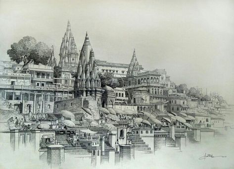 Kedarnath Pen Sketch, Varanasi Drawing, Religious Sketches, Pencil Sketches Architecture, Banaras Painting, Ghat Painting, Amit Bhar, Banaras Ghat, Indian Landscape