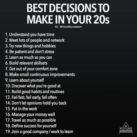 Ryan Scribner on Instagram: “What decisions are you making? ⠀ —⠀ TAG someone who needs to see this! 👇⠀ —⠀ ✅ Follow | @RyanScribnerOfficial | for more! 🎩⠀ ✅ Follow |…” 5 Hobbies, Your 20s, Vie Motivation, Millionaire Mindset, Entrepreneur Quotes, What’s Going On, Life Advice, Life Motivation, Self Improvement Tips