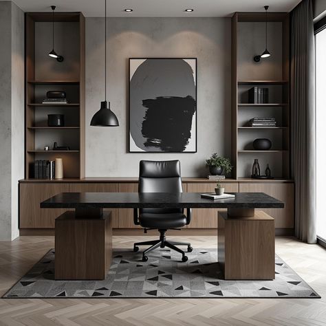 Step into a luxurious modern masculine office with a dark walnut desk, ergonomic leather chair, and sleek gunmetal shelving. Textured concrete adds sophistication, while smart tech enhances functionality.#ModernOffice #AbakuDo #Ukraine #MasculineInteriors #OfficeDesign #LuxuryWorkspace Men’s Work Office Wall Decor, Masculine Modern Office, Office Ideas For Men Workspaces, Masculine Office Design, Dark Walnut Desk, Masculine Office Ideas, Modern Masculine Office, Masculine Office Decor, Masculine Office