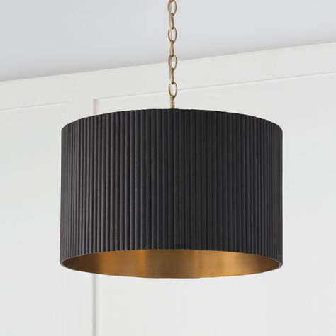 Meet the Donovan Dual Mount Semi-Flush or Pendant, where artisan texture meets mid-century modern style. 🌟 🖤 The Black Stain fluted mango wood shade evokes natural elegance, creating a timeless look that suits any decor. 💛 The Matte Brass interior adds a warm glow, perfect for cozy evenings and bright mornings alike. Transform your home with this stunning piece that effortlessly blends sophistication and warmth. Whether as a semi-flush mount or a pendant, the Donovan is sure to be the cente... Office Foyer, Capital Lighting Fixture, Brass Interior, Capital Lighting, 3 Light Pendant, Drum Pendant, Wood Shades, Brass Lighting, Black Stains