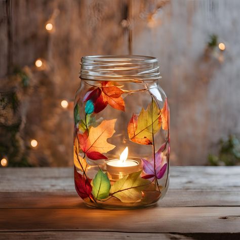 Diy Fall Craft Ideas For Adults, Glass Jar Candles Diy, Mason Jar Candle Centerpieces, Fall Jar Crafts, Fall Lantern Ideas, What To Do With Jars, Jelly Jar Crafts, Make Floating Candles, Candle Mason Jar Centerpieces