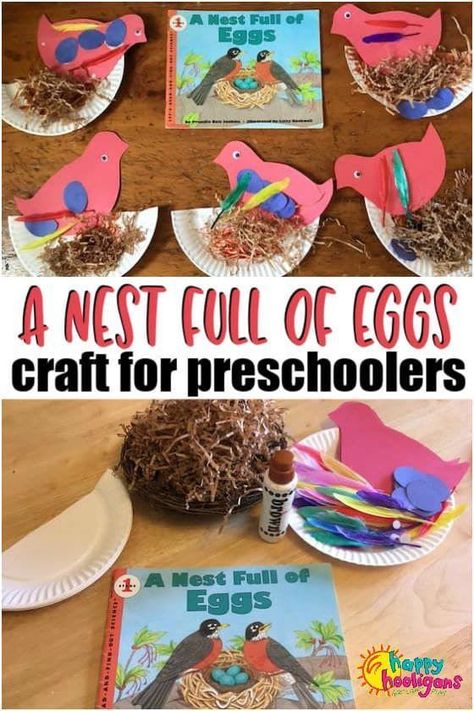 "A Nest Full of Eggs" Craft for Preschoolers - This easy bird craft is great for toddlers and preschoolers how are learning about birds, eggs, nests and bird families. There are suggestions for books to read to your children before doing this craft as well. #HappyHooligans #Crafts #Easy #Toddlers #Preschoolers #Preschool #Daycare #Activities #Birds #Nests #PaperCrafts Life Cycle Of A Bird Preschool, Making Bird Nests Preschool, Nest Activities Preschool, Egg Theme Preschool, Bird Life Cycle Craft, Bird Life Cycle Preschool, Bird Activities For Toddlers, Bird Activities Preschool, Bird Theme Preschool