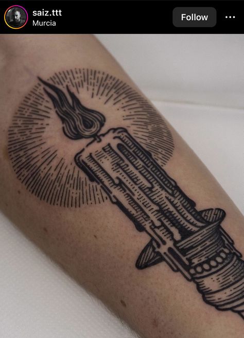 Candlestick Tattoo, Arm Patchwork, Gothic Tattoos, Etching Tattoo, Woodcut Tattoo, Medieval Tattoo, Engraving Tattoo, Candle Tattoo, Sweet Tattoos