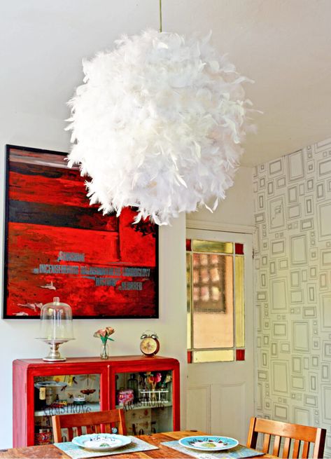 Unique home tour with amazing upcycles by Pillar Box Blue Feather Lampshade, Lampshade Making, Diy Feather, Feather Lamp, Origami Lamp, Feather Diy, Diy Basement, Paper Lampshade, Funky Style