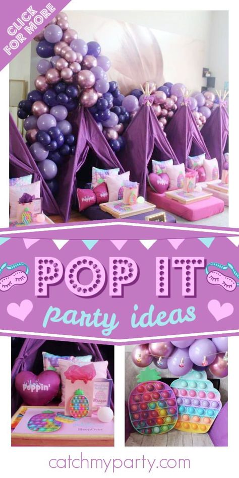 Popit Party Decor, 10 Birthday Party Girl Ideas, Pop It Birthday Party Theme, Birthday Butterfly Theme, Fidget Party, Pop It Party, Sleepover Party Ideas, 10th Birthday Ideas, Sleepover Birthday Party