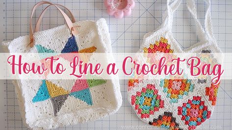 EASY CROCHET: How to Line a Crochet Bag (Two Styles!) - Confessions of a Homeschooler Lining A Granny Square Bag, Liner For Crochet Bag, How To Line A Crocheted Bag, Granny Square Bag Lining, Crochet Bag Liner, Crochet Bag Lining Tutorials, How To Line Crochet Bag, Lining Crochet Bag With Fabric, How To Line A Crochet Bag