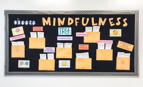 How to Use a Mindfulness Bulletin Board in Your School - Counselor Clique School Staff Wellbeing Board, School Psych Bulletin Boards, School Counseling Bulletin Boards High School, Destress Bulletin Board Ideas, Office Bulletin Board Ideas Business, Self Care Bulletin Board, Bulletin Board Ideas For Work Offices, Mindfulness Bulletin Board, School Counselor Bulletin Boards