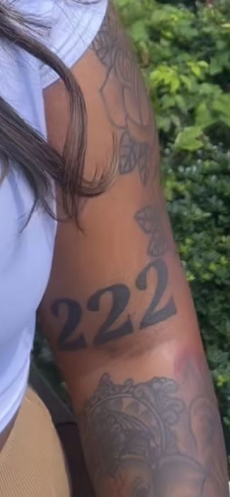 #tattoos, #womentats #angelnumbertat 777 Leg Tattoo, 444 On Back Of Arm, 1111 Tattoo Back Of Arm, 444 Tattoo Back Of Arm, Neck Tattoos Women Angel Numbers, Number Tattoo Placement, All Angel Numbers In One Tattoo, 222 Tattoo Ideas, 222 Angel Number Tattoo