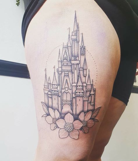 Black and grey disney Castle tattoo with flowers Disney Tattoos Cinderella, Cinderella Castle Tattoo, Walt Disney Castle, Disney Castle Tattoo, Ariel Tattoo, Disney Inspired Tattoos, Disney Sleeve Tattoos, Tattoo With Flowers, Tattoos 2024