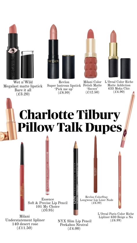 Charlotte tilbury pillow talk dupes #charlottetilbury #pillowtalk #lipliner #lipstick Charlotte Tilbury Pillow Talk, Pillow Talk, Charlotte Tilbury, Lipsticks