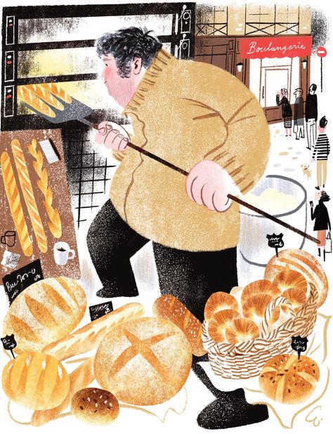 Baking Bread in Lyon | The New Yorker Bread Art, Shop Illustration, Book Illustration Art, Baking Bread, Childrens Illustrations, The New Yorker, Food Illustrations, Book Illustration, Children Illustration