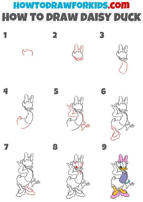 how to draw daisy duck step by step How To Draw Daisy Duck, How To Draw Donald Duck Step By Step, How To Draw Disney Characters Step By, Daisy Duck Drawing, Duck Drawing Easy, Draw Daisy, Easy Steps To Draw, Draw Mickey Mouse, Minnie Y Daisy