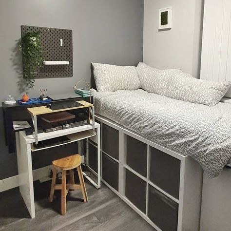 Small Box Room Ideas, Shelf Under Bed, Box Room Ideas, Ikea Bed Frame, Bed Frame Hack, Ikea Storage Bed, Space Saver Bed, Ikea Bed Frames, Ikea Hack Bedroom