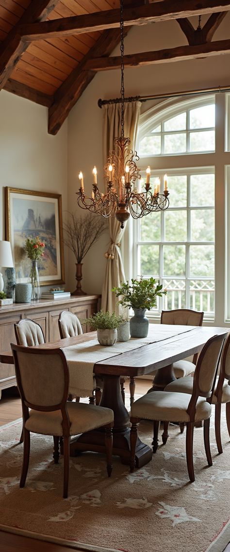 Traditional dining room exudes rustic charm with wooden beams, a vintage chandelier, and a floral carpet. Neutral tones and greenery create an inviting atmosphere bathed in natural light. Eat In Dining Room Ideas, Traditional Dining Room Decor, European Dining Room, Timeless Home Design, Old World Dining Room, French Provincial Dining Room, French Country Dining Room Decor, Timeless Dining Room, Dining Room Decor Traditional