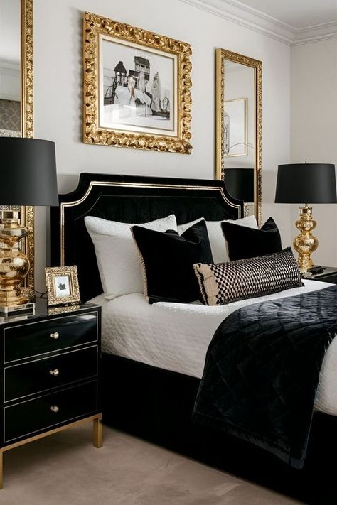 Gold Black Bedroom, Black Gold Furniture Bedroom, Black And Gold Furniture Bedroom, Black And Gold Bedroom Furniture, White Black And Gold Bedroom, Black Gold Bedroom Ideas, Black And Gold Bedroom Aesthetic, Black And Gold Bedroom Decor, Black Gold And White Bedroom