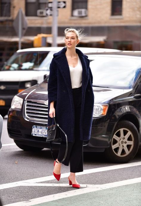 Karlie Kloss red slingbacks winter outfit inspiration Karlie Kloss Fashion, Slingback Heels Outfit, Karlie Kloss Street Style, Red Heels Outfit, Karlie Kloss Style, Red Tracksuit, 2024 Wardrobe, Stylish People, Jean Jacket Outfits