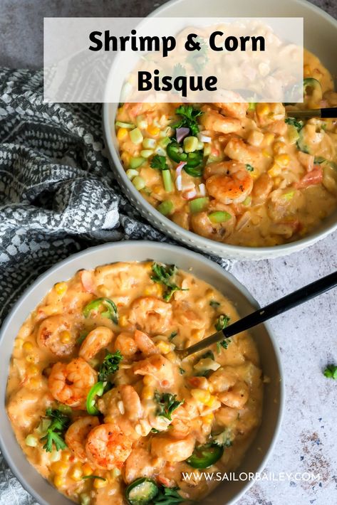 You will love this luxurious, shrimp and corn bisque. It's a big hug in a bowl, full of corn, shrimp and crab in every bite. Ready in 30 minutes or less and insanely easy to make! via @sailor_bailey Sailor Bailey Shrimp And Corn Bisque, Shrimp Recipes Breakfast, Creamy Shrimp And Corn Bisque, Shrimp Crab Corn Bisque, Shrimp Corn Soup, Shrimp And Corn Bisque Louisiana, Shrimp And Corn Recipes, Corn Shrimp Chowder, Shrimp Corn Bisque